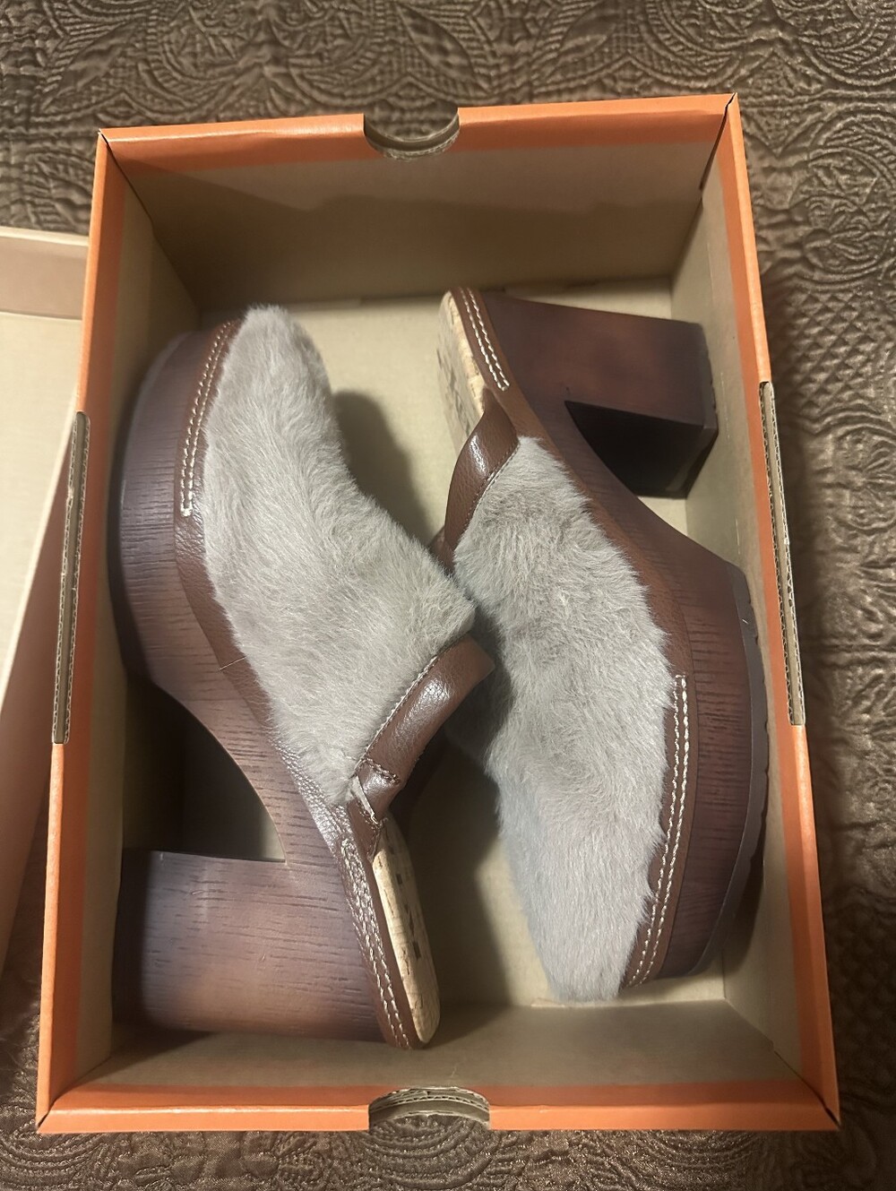 Kork-Ease Gray Faux-Fur Brown Wooden Clog Mules